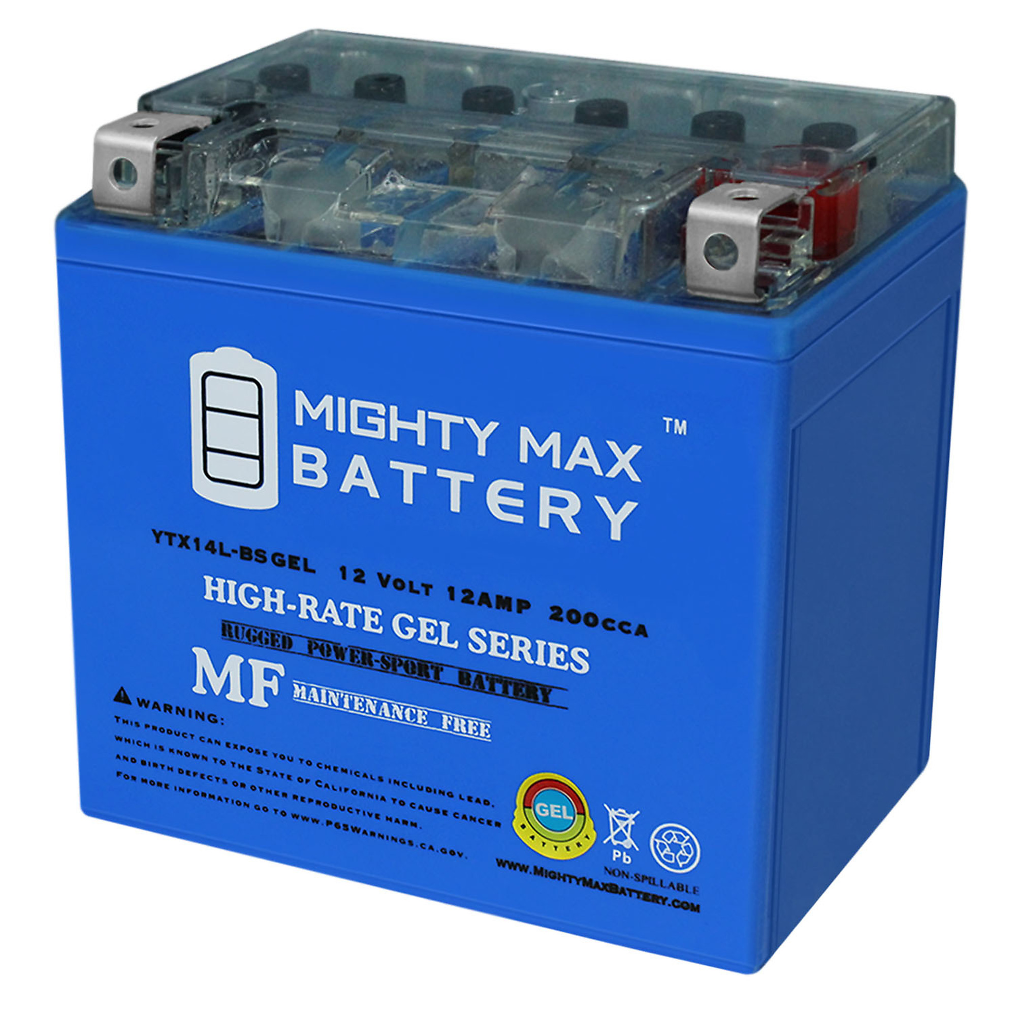 Mighty Max Battery YTX14L-BS Gel Motorcycle Battery — 12V, 12Ah, 200 CCA, Maintenance-Free, Model# MAX3485008